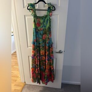 Tropical Floral Ruffle-Strap Maxi Dress — Green Multicolor